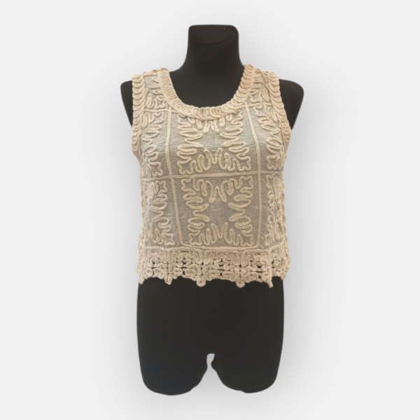 top sans manches en dentelle brodée beige