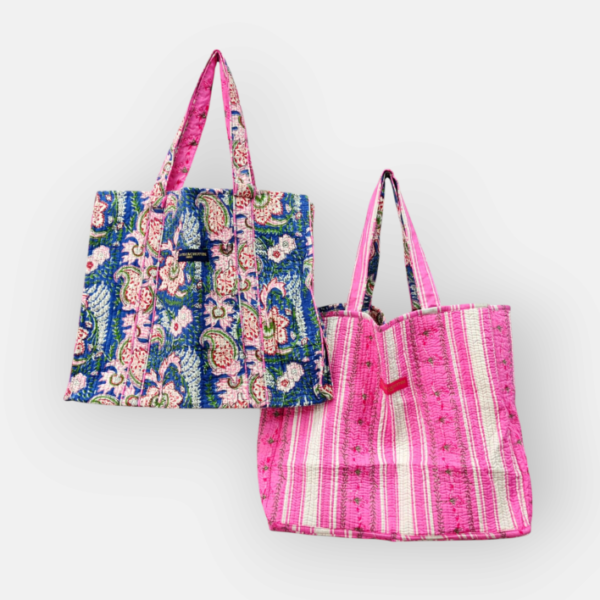 Cabas réversible Block Print India bleu/rose