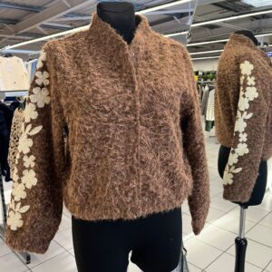 Veste Marron Manches avec Broderie Fleur